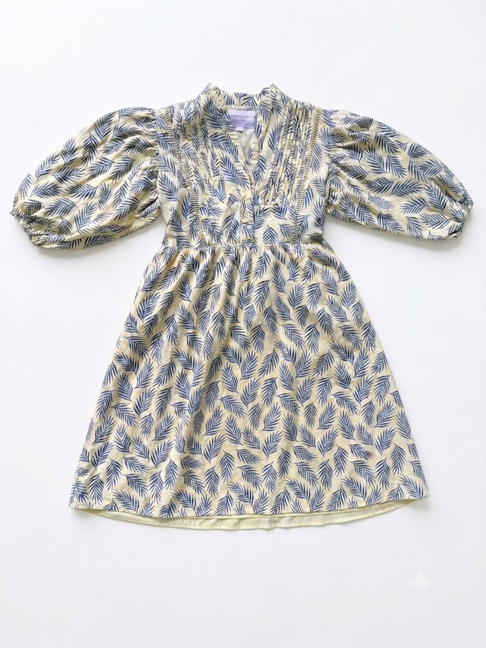 The Shirt by Rochelle Behrens Cream Midi Dress with Blue Leaf Print